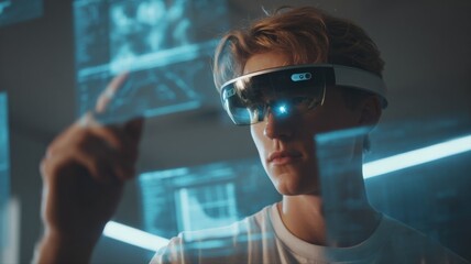 Young Man Immersed in Augmented Reality, Interacting with Holographic Interface and Digital Data in Futuristic Environment