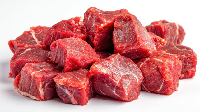 raw beef cubes for stew on white background