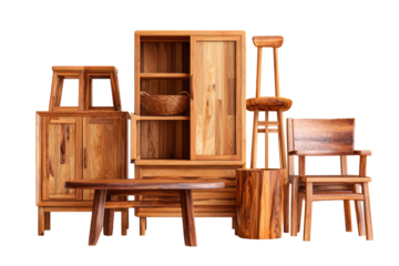 A set of wooden furniture including a table and several chairs arranged in a cozy living space, isolated on transparent background