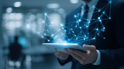 Businessman Navigating Global Network: Interactive Digital Interface on Tablet for Seamless Connectivity and Innovative Solutions