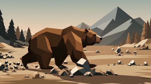 Majestic Low Poly Bear Stroll Through Rocky Terrain With Mountain Scenery Animation