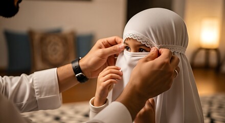 A father's hands gently adjust the white hijab on his young daughter's head, preparing her for prayer or a religious ceremony in a warm indoor setting.