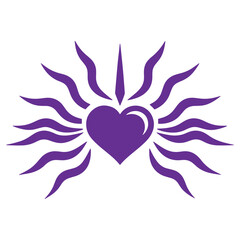 Vibrant purple heart surrounded by wavy sun rays design symbolizing love and warmth