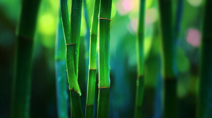 fresh bamboo stems and leaves in natural environment, tranquil zen atmosphere, spa wellness concept, eco nature background, tropical plant growth and greenery for relaxation themes