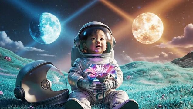 An adorable baby astronaut explores a vibrant alien world under the glow of twin celestial bodies, cradling a magical, luminous flower, symbolizing wonder