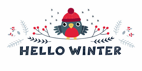 A cute winter bird illustration with a red hat and festive greetings © Ranu