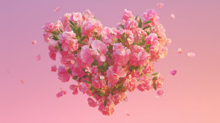 Fototapeta premium Delicate pink blossoms arranged heart on pastel background, romantic spring floral composition symbolizing love and tenderness, perfect for valentines day greeting cards and wedding