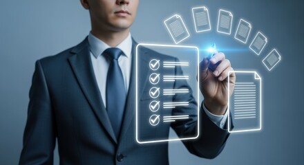 Businessman interacting with a digital checklist interface, representing business process management and modern data organization.