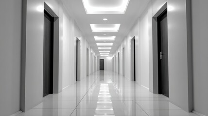 Fototapeta premium Endless Hotel Hallway with Diminishing Perspective and Symmetrical Doors Leading to Unknown Destinations