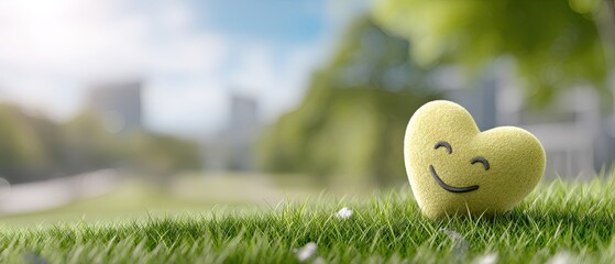 Bright yellow heart-shape felt smiley on green grass with room for text on a sunny day with natural light