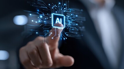 Artificial Intelligence Concept: Man Touching a Holographic AI Chip, Illustrating Technology Integration and Future Innovation