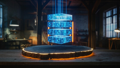 Futuristic server stack in a dimly lit industrial environment with neon lights