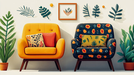 Vibrant and stylish modern living room featuring two cozy armchairs, one sunny yellow and one patterned navy, complemented by lush potted plants and minimalist botanical wall decor.
