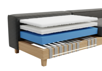 Hyper-detailed cross-section of luxury upholstery, f/22, showing textured gray linen, blue foam, elastic webbing, and polished oak frame on white studio background. Concept of manufacturing excellence