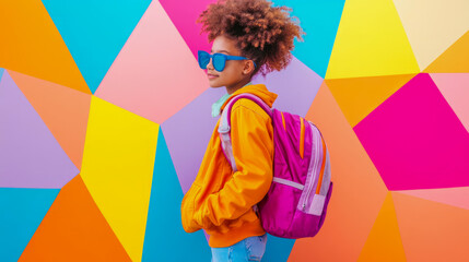 Vibrant portrait of stylish young girl wearing bright blue sunglasses and magenta backpack against dynamic, multicolored geometric wall, ready for school or urban adventures.