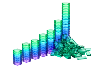 Translucent crystal bar chart showing growth with loose blocks isolated on transparent background