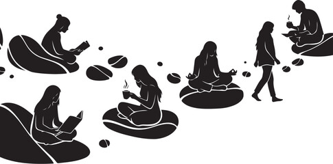 Obraz na płótnie Canvas People sitting on bean bags with pets and devices