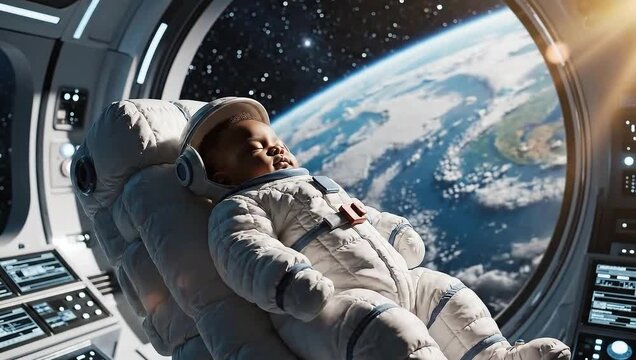 A peaceful baby astronaut floats weightlessly in space, sleeping soundly in a futuristic spacecraft with Earth visible outside the window