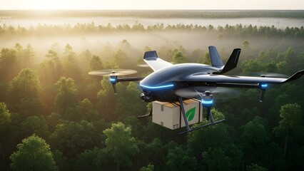 Eco Friendly Drone Delivery over Green Forest for Sustainable Logistics Concept