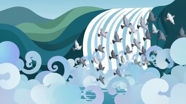 Majestic Waterfall With Flock of Birds Animated Scenery in Light Blue Tone