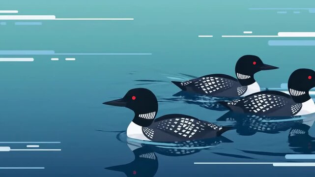 Loons Swimming Serene Waters: An Animated Scenic Depiction With Reflections And Calm Motion Graphics