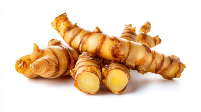 fresh galangal root on white background for culinary use