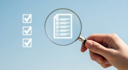 Checklist Review with Magnifying Glass: Hand Inspecting Document for Accuracy Against Blue Background