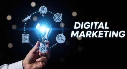 Digital Marketing Strategy Concept with Light Bulb and Business Icons on Black Background