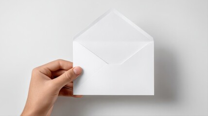 Fototapeta premium Hand Holding Open White Envelope Mockup, Ideal for Invitations, Greetings, or Announcements Against White Background