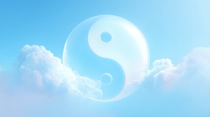 Yin and Yang Symbol Floating in the Sky Among Clouds Represents Balance and Harmony