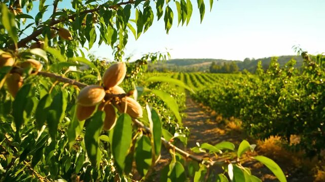 Almond Orchard at Golden Hour - A close-up shot of almond nuts growing on a tree branch, bathed in the warm glow of the setting sun.