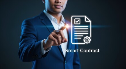 Smart Contract Technology: Businessman Interacting with Digital Agreement Interface Representing Blockchain Technology and Automated Contract Execution