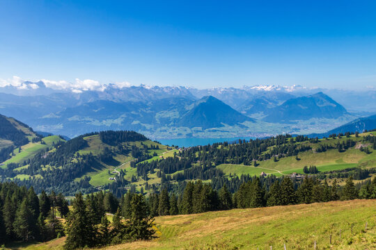 Picturesque view of the Swiss Alps and lake from Rigi mountain, Switzerland