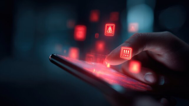 Hand interacting with smartphone showing warning notifications, conceptual cybersecurity, data privacy, and security breach visualization - Powered by Adobe