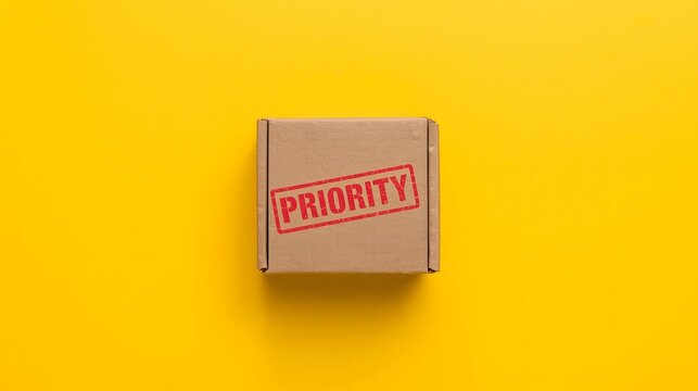 Priority Package: An overhead shot showcases a brown cardboard box stamped PRIORITY, set against a vibrant yellow background, emphasizing the importance of immediate attention and prompt action.