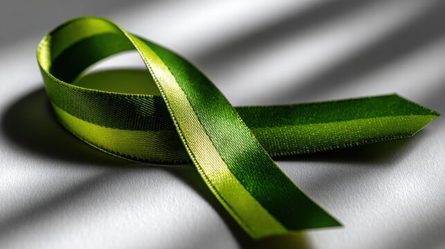 Green awareness ribbon elegantly placed on a white background, illuminated by bright shadowless light, featuring ample copy space for text and messaging