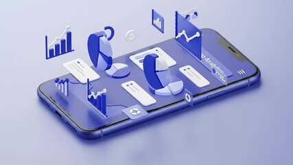 Isometric mobile customer service and analytics dashboard with communication icons.