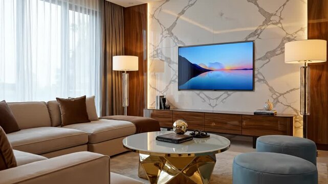 Elegant living room with beige couch and gold coffee table and tv on marble wall