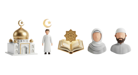 Islamic Icons: Mosque, Quran, Muslim Man & Woman, Crescent Moon - Ramadan Concept