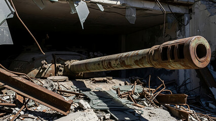 A war-torn urban landscape with a destroyed tank in the foreground, depicting the aftermath of conflict and devastation in a vast cityscape.