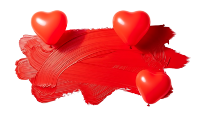 Red heart balloons on a red paint smear on transparent background