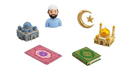 Fototapeta premium Islamic Symbols: Mosque, Quran, Prayer Mat, Man, Crescent Moon and Star