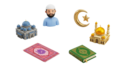 Islamic Symbols: Mosque, Quran, Prayer Mat, Man, Crescent Moon and Star