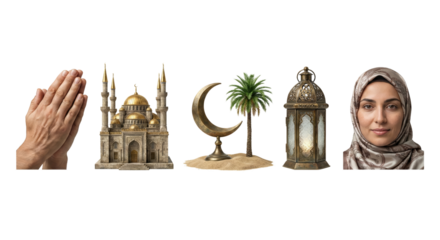 Ramadan Islamic Symbols: Mosque, Crescent Moon, Palm Tree, Lantern, Praying Hands, Woman