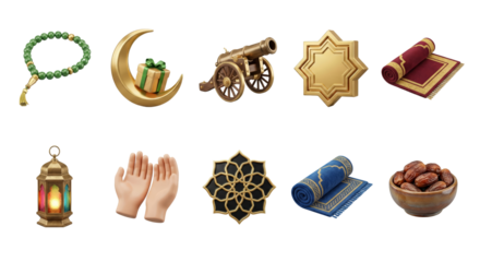 Ramadan Icons: Prayer Beads, Moon, Gift, Cannon, Islamic Star, Rug, Lantern, Hands, Dates