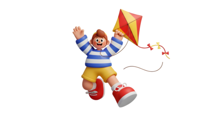 A happy boy in a blue and white striped shirt and yellow shorts celebrates while holding a colorful kite, against a transparent background.