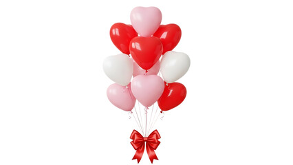 A cluster of red, pink, and white heartshaped balloons tied with a ribbon isolated on transparent background
