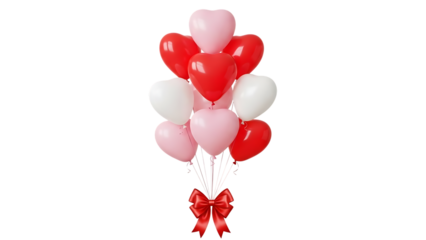 A cluster of red, pink, and white heartshaped balloons tied with a ribbon isolated on transparent background