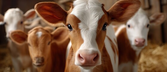 Cows eating hay and grass inside a barn with a milking station in the background during the late afternoon hours on a working farm
