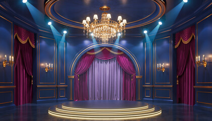 A grand stage with a closed curtain is illuminated by spotlights in a luxurious theater setting with a chandelier above